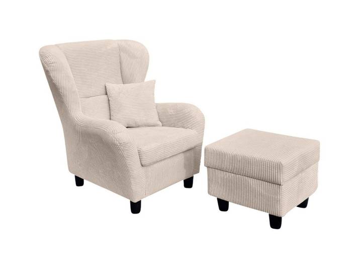 Ohrensessel mit Hocker Landhausstil Polster-TV-Lesesessel Cordstoff Beige Creme / 18017