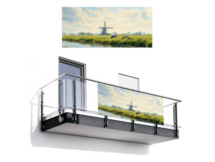 MuchoWow Balkon-Sichtschutz - Kühe - Windmühle - Wiese - Blau - 200x90 cm, Grün, Kunststoff, Rechteckig, 200x90 cm, Sonnen- & Sichtschutz, Sichtschutz Garten