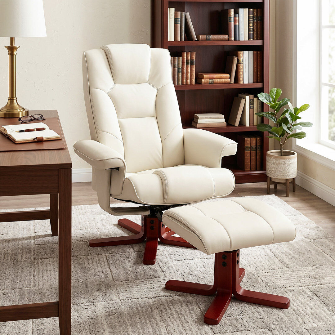 17 Stories HOMCOM Reclining Armchair with Footstool and Adjustable Backrest, Cream Cream 104cm H X 84cm W X 84cm D