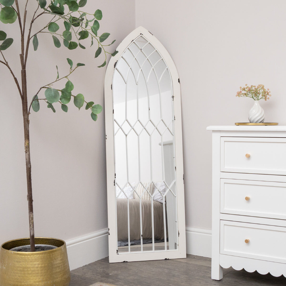 Arched White Distressed Chapel Fretwork Garden Mirror - 47cm x 142cm Metal, Glass