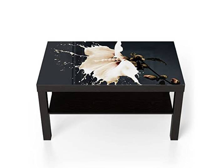 DEQORI Glastisch schwarz groß 90x50 cm Motiv Milchige Blüte ausgefallener Beistelltisch aus Glas Hochglanz Couchtisch fürs Wohnzimmer moderner Couch Tisch mit Design