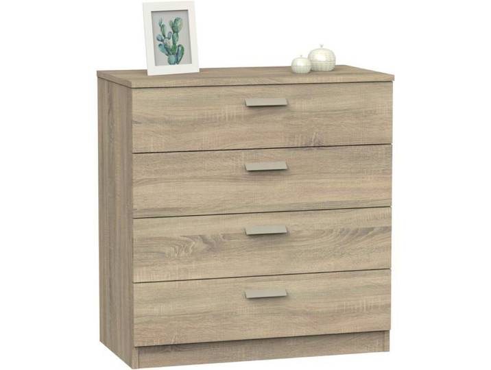 Commode 4 Tiroirs Avec Glissières Métalliques Meuble Rangement Chêne Cambrian Collection Tibet 78X74X40Cm