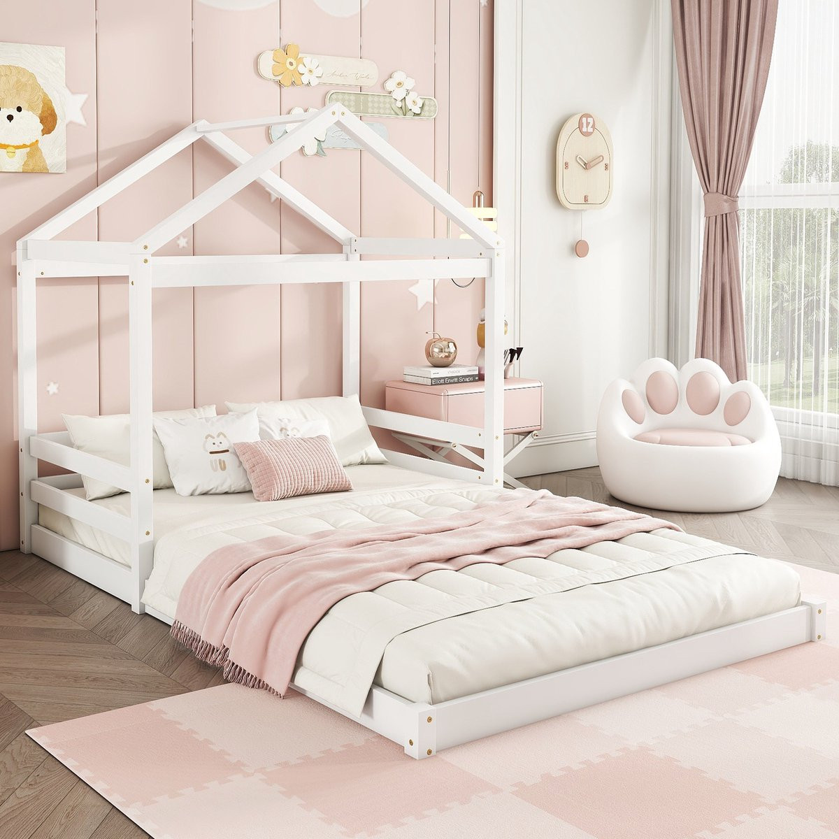 Sweiko Kinderbed Huisbed met Huisvormig Frame en Vlak Lattenframe, Wit, 140 x 200 cm