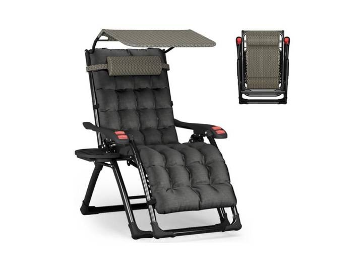 Bain de Soleil Chaise Longue de Jardin avec Pare-Soleil & Coussin Fauteuil de Jardin Chaise Longue Pliable & Inclinable 200kg