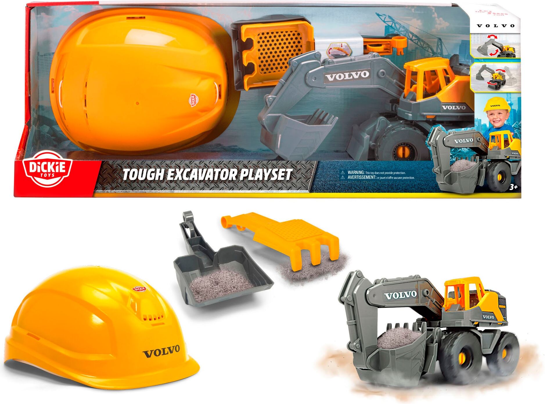 Spielzeug-Baumaschine DICKIE TOYS "Volvo Tough Excavator Playset", gelb (gelb, grau), Spielzeugfahrzeuge, KinderT:26cm, Spielzeug-Baumaschine, T:26cm
