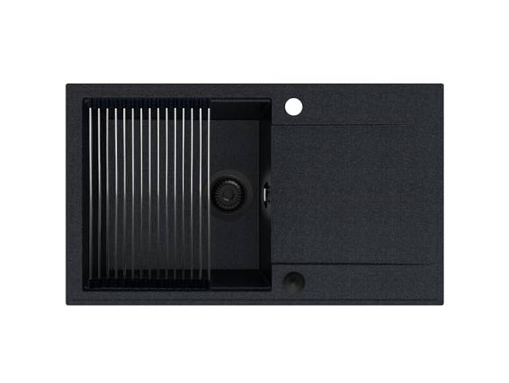 SINK QUALITY Granitspüle schwarz mit weißen Flecken 78x46 cm - Spülbecken mit schwarzer Siphon PUSH, Abtropfgestell, Imprägniermittel - Küchenspüle mit Abtropffläche für 60er Unterschrank