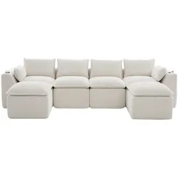 4-SITZER-SOFA aus Chenille, modular mit 2 Fußhockern und Getränkehaltern