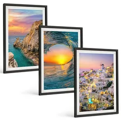 BILDER SET 3er Set - 40x60 cm Schwarzer Rahmen - Meereswellen, weiße Häuser, Santorini