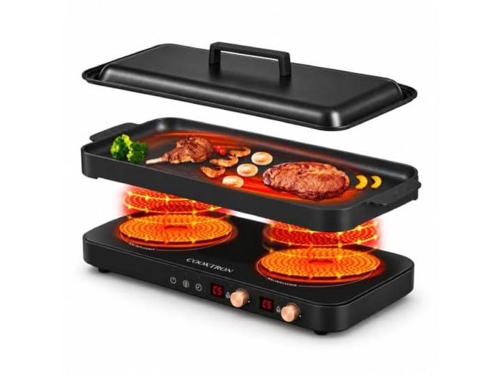 COOKTRON Portable Induktionskochfeld 2 Brenner mit abnehmbarem Eisen Guss Grillpfanne Antihaft, 2800W Doppelinduktionskochfeld mit Kindersicherung Zeit, ideal für Familienfeier