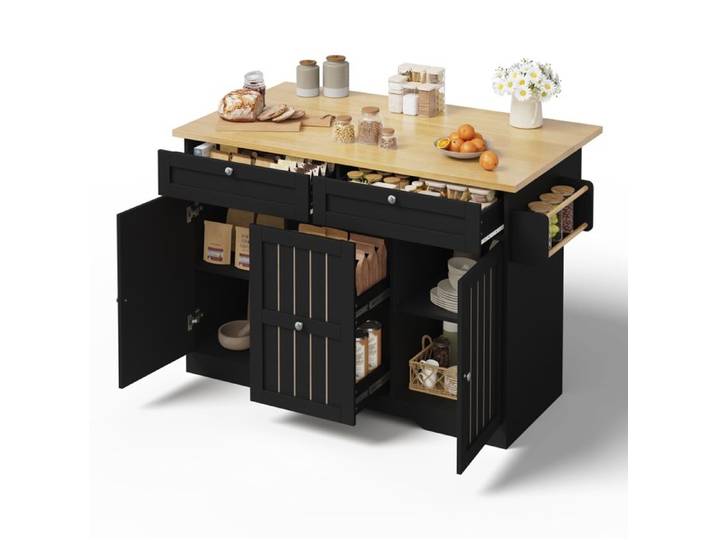 Desserte Îlot de Cuisine avec roulettes Buffet Cuisine de Rangement avec Plan de Travail Pliant Chariot de Repas 120x45-70x92cm Noir