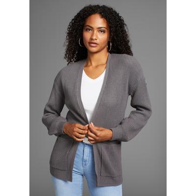 Strickjacke KANGAROOS, Damen, Gr. 40/42, grau, Strick, Obermaterial: 100% Polyacryl, gerade hüftbedeckend, V-Ausschnitt, Puffärmel Rippstrickbündchen, Strickjacken Strickjacke, aus kuscheligem Strick