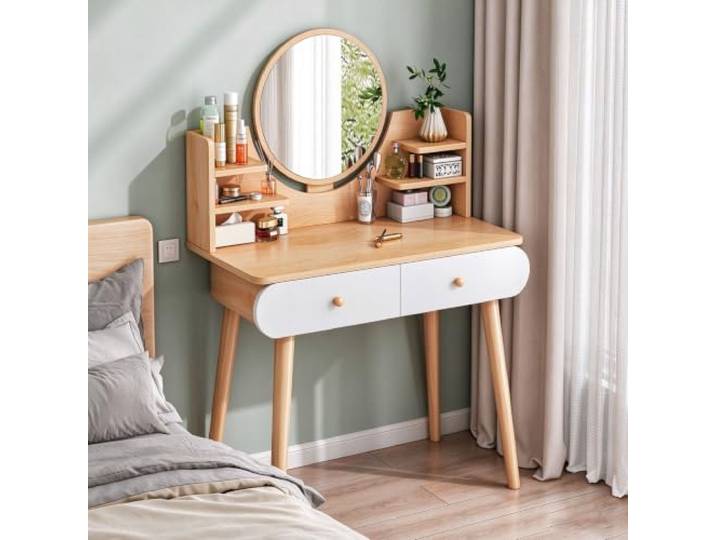Schminktisch mit rundem Spiegel, Aufbewahrungsregalen und Schubladen Make-up Schminktisch,stabile Holzbeine, abgerundetes Eckdesign,Kosmetiktisch für Frauen im Schlafzimmer(2 drawers)