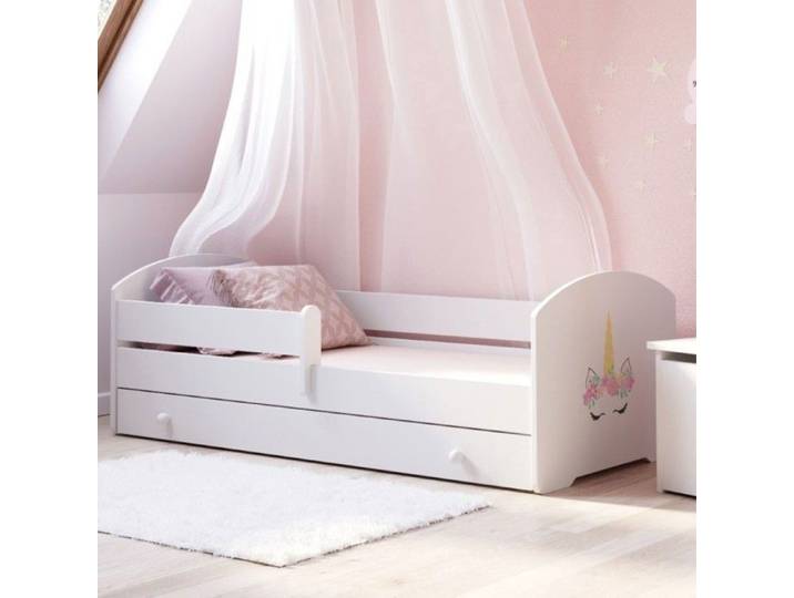 Lit enfant LUK 140x70 avec matelas sommier tiroir et barrière de sécurité – Blanc avec illustration de licorne