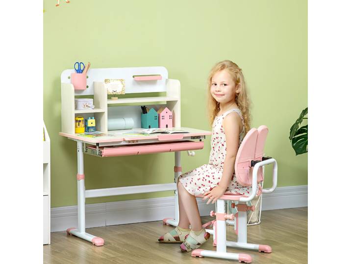 HOMCOM Bureau Enfant Réglable Inclinable Rose