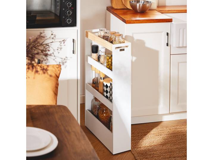 SoBuy Chariot d'appoint Étagère de niche à 4 niveaux Étagère de cuisine à roulettes Chariot de niche Chariot de cuisine étroit Chariot à roulettes 4 niveaux NSR12-W