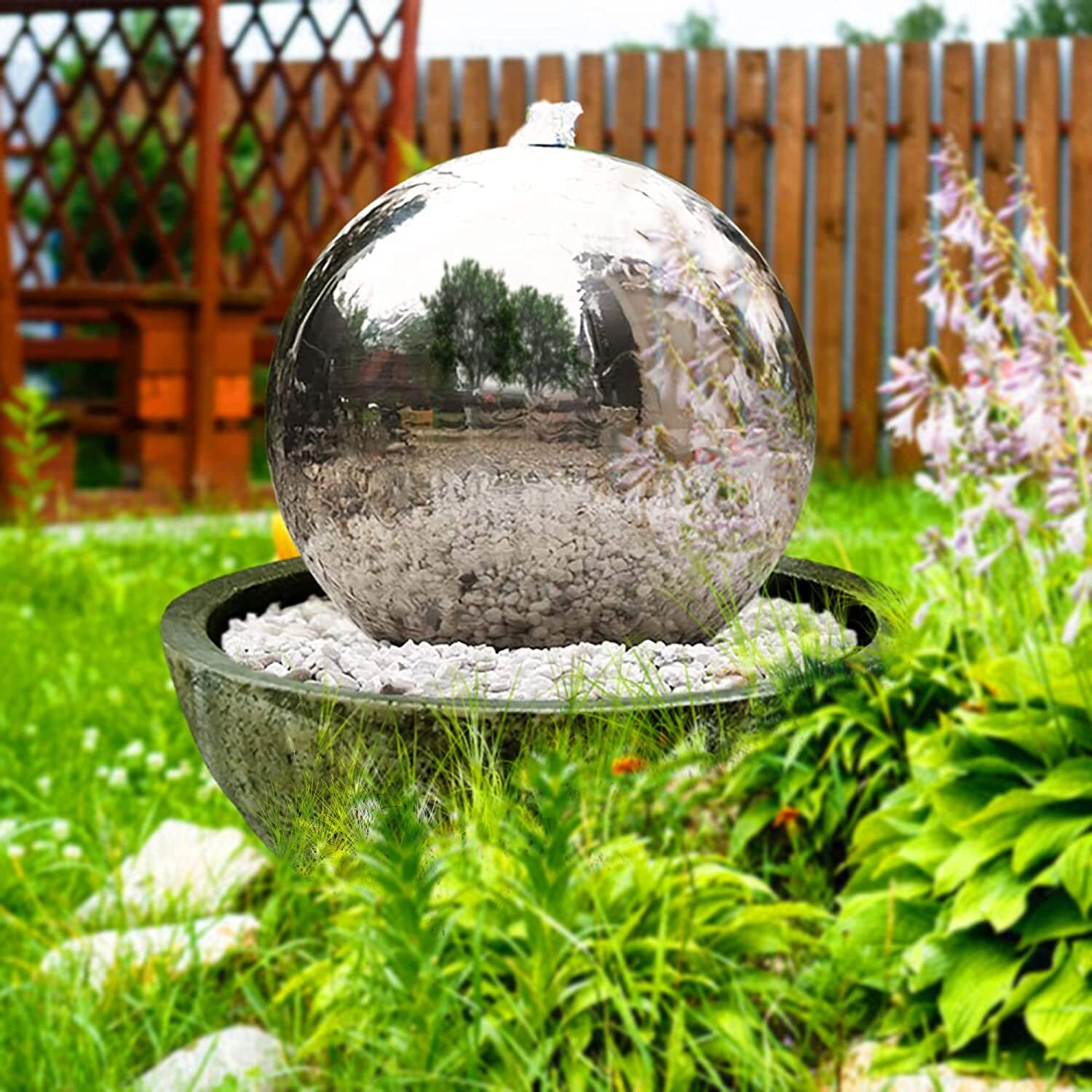 Köhko 50 cm Kugelbrunnen 21009 aus Edelstahl mit LED-Beleuchtung und Harzbecken