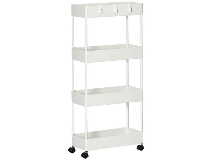 Homcom Rollwagen, Küchenregal mit 4 Ebenen, Aufbewahrungsregal mit Rollen, Küchenwagen, Weiß, Metall, 19x90x40 cm, Esszimmer, Servierwagen