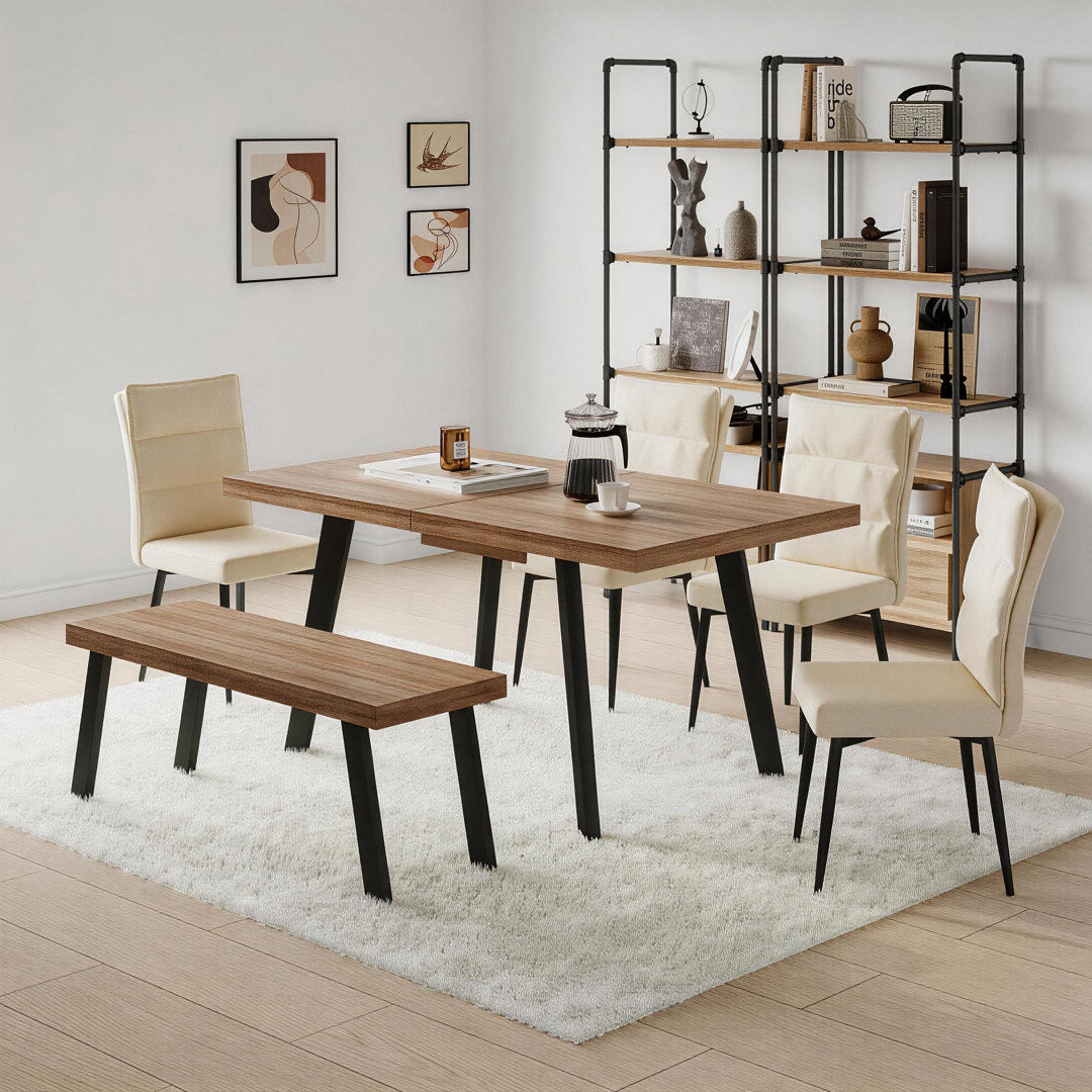 Norden Home Dining Set Brown Extendable Table + 1 Bench + 4 Beige Chair