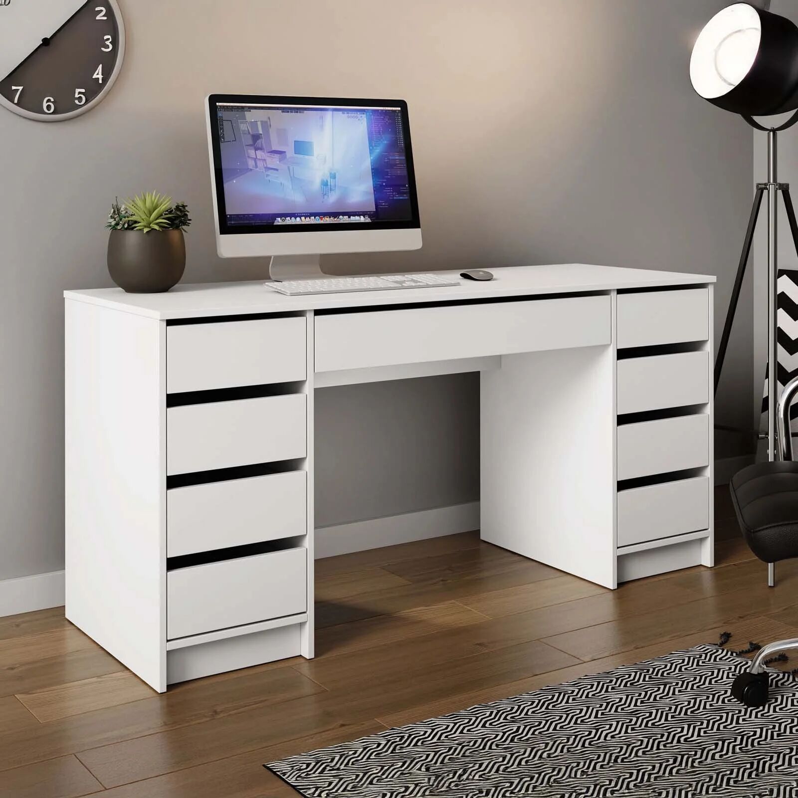 garneroarredamenti Scrivania ufficio 154x55cm 9 cassetti bianco opaco Blackpool