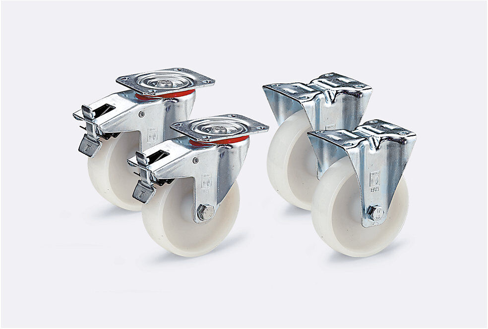 Polyamid-Rad, im Set, 2 Lenkrollen mit Doppelstopp, 2 Bockrollen, Rollenlager, Rad-Ø x Breite 80 x 35 mm Wicke