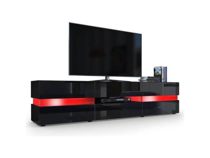 Vladon Meuble TV Armoire basse Flow Corps en Noir mat - Façades en Noir haute brillance avec éclairage LED