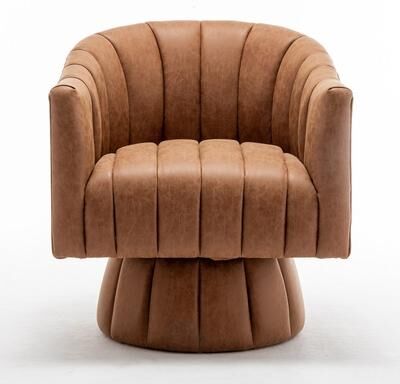 SEYNAR Mid-Century Swivel PU Leather Tufted Round Accent Barrel Chair