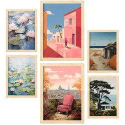 POSTER Set Mit 6 Entspannende Ruhe In Vielseitiger A3 & A4 Rahmen Aus Hellem Holz