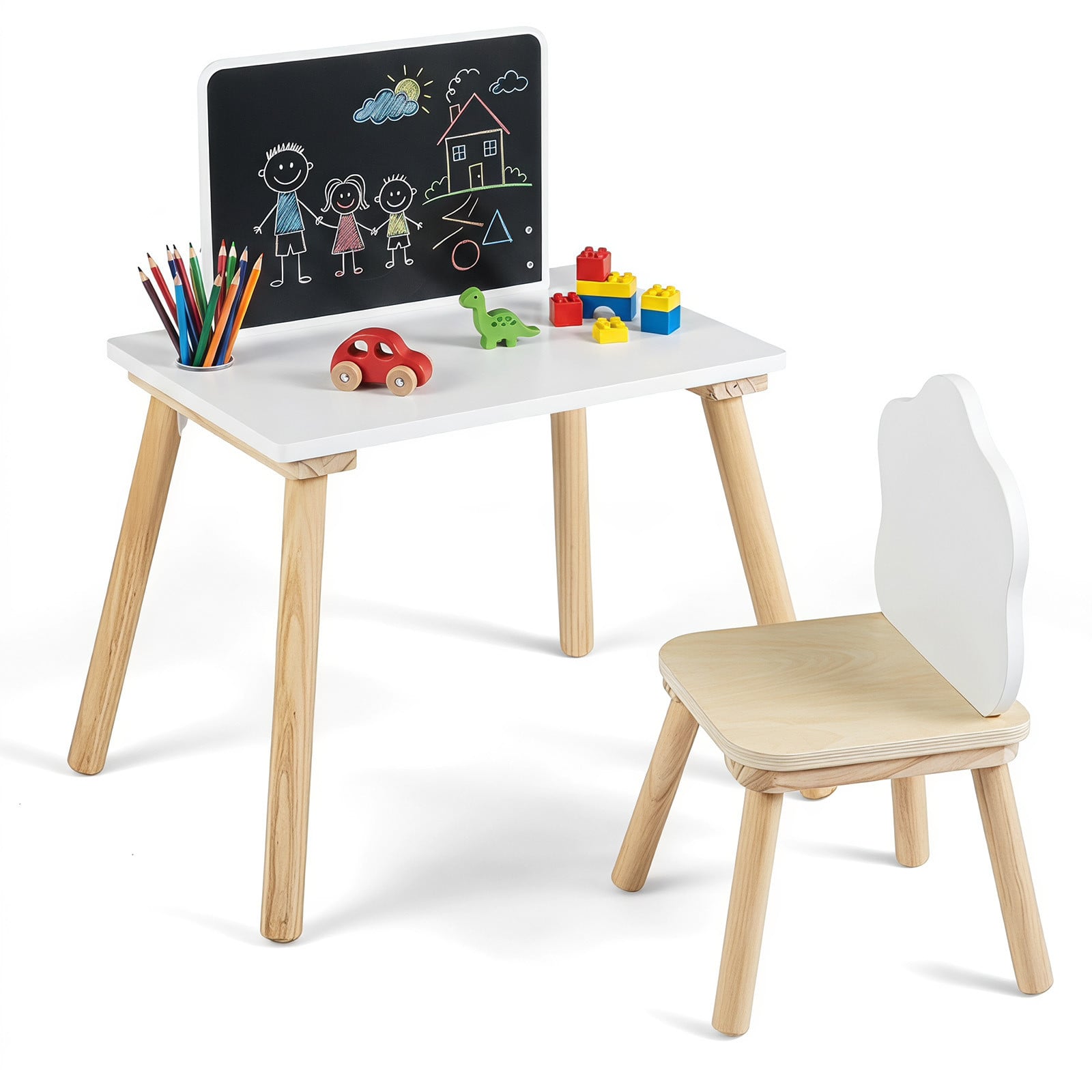 Costway Kindertafel en stoelset met grenenhouten poten, krijtbord en pennenhouders, Wit + Natuur