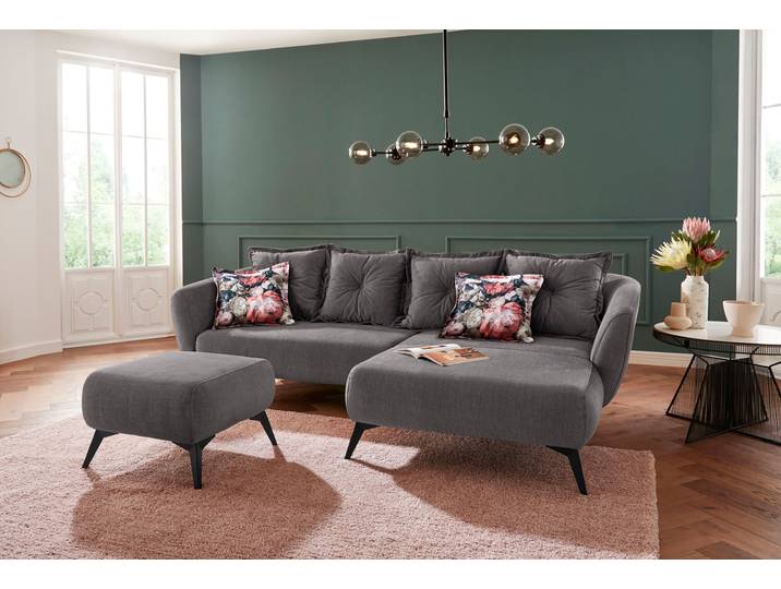 Ecksofa HOME AFFAIRE Baggio romantische Polsterecke, bequem, Breite 277 cm, L-Form , schwarz (asche), B:277cm H:80cm T:162cm, Sofas, Ecksofa, Zierkissen inklusive, schwarze Metallfüsse