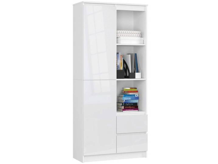 Bibliothèque de bureau AKORD R11 Blanche 80 cm 2 portes 2 tiroirs façade Blanche Brillante 7 étagères 80x35x180 cm