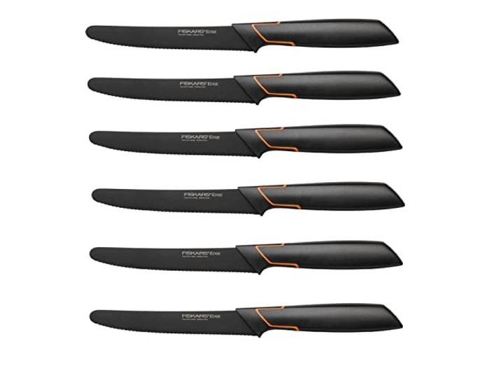 Fiskars 6 Stück Tafelmesser - Tomatenmesser Edge mit Wellenschliff rostfrei - Modernes Design - Schwarz