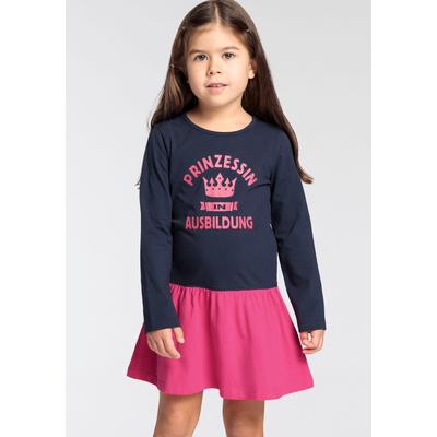 Jerseykleid KIDSWORLD "PRINZESSIN IN AUSBILDUNG", Mädchen, Gr. 104/110, N-Gr, Langarm, Single Jersey, blau (marine, pink), Single Jersey, Obermaterial: 95% Baumwolle, 5% Elasthan, bedruckt, mehrfarbig, ausgestellt kniefrei, Rundhals, abgesteppte...