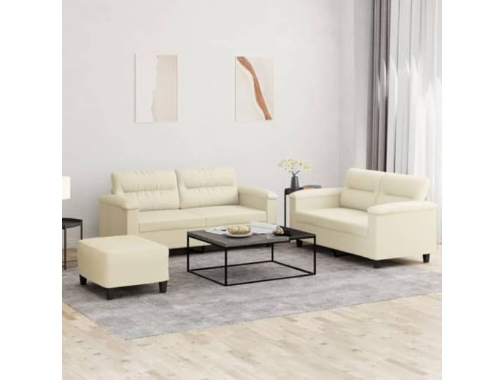 HEFZGDB 3-TLG. Sofagarnitur mit Kissen Creme Kunstleder, Langlebiges Polstermöbel für Wohnzimmer, Robuster Sitzkomfort mit Schmutz abweisender Oberfläche, Bequeme Sitzflächen