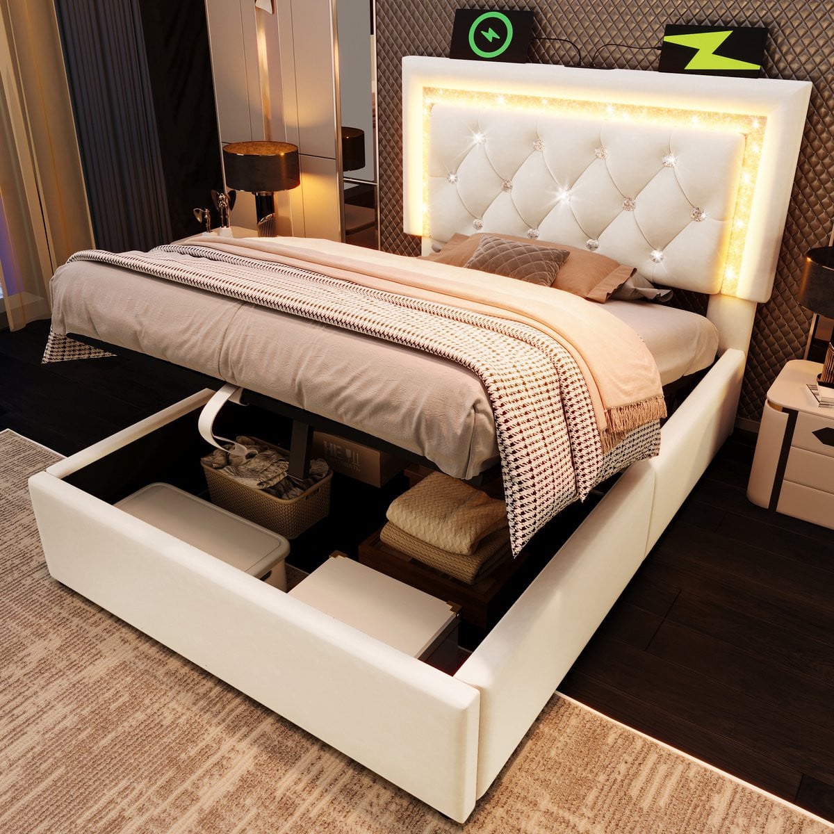 MODFU Bedframe met LED-verlichting, USB/Type-C en opbergruimte, Beige fluweel, 90x200 cm