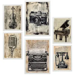 POSTER Set Mit 6 Vintage Liebe Kamera Mikro Klavier Violine Telefon A3 & A4 Weißer Rahmen