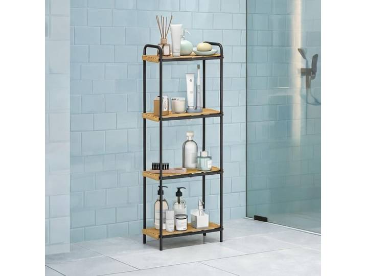 Étagère de salle de bain étroite autoportante 4 niveaux en bambou et acier noir 106 cm