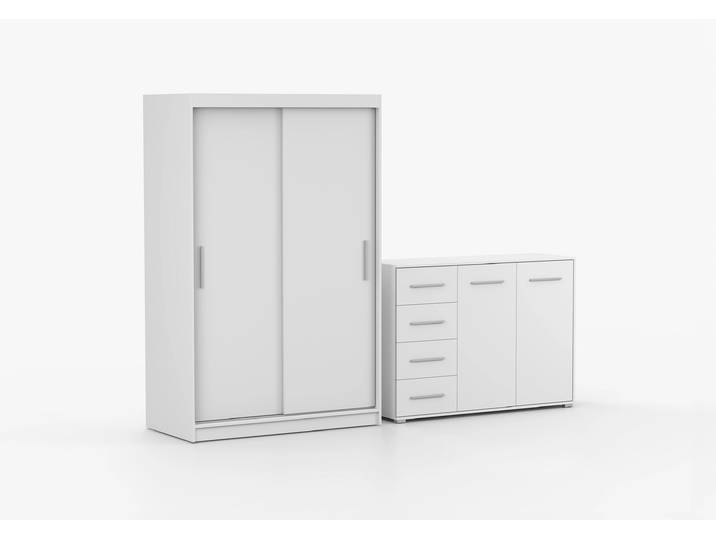 Schwebetürenschrank und Kommode 2er-Set NEOMI 04/FRIDA 01 Weiß Weiß