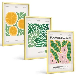 BILDER SET 3er Set - 40x60 cm Goldrahmen - Pastellfarbene Frucht- und Pflanzenmotive