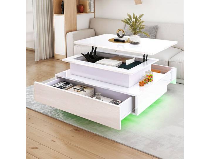 YITAHOME Table Basse Relevable LED RVB 16 Couleurs 85x55x41-56 cm 2 Tiroirs Cachés Plateau Réhaussable 10 kg