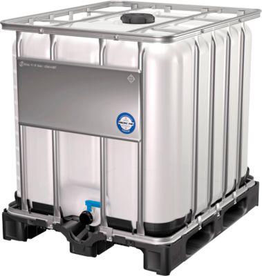 IBC Container, 1000 Liter, UN-Zulassung, Kunststoffdeckel, Stahl-Kreuzverband, Stahltraverse, auf Kunststoffpalette, B 1200 x T 1000 x H 1163 mm