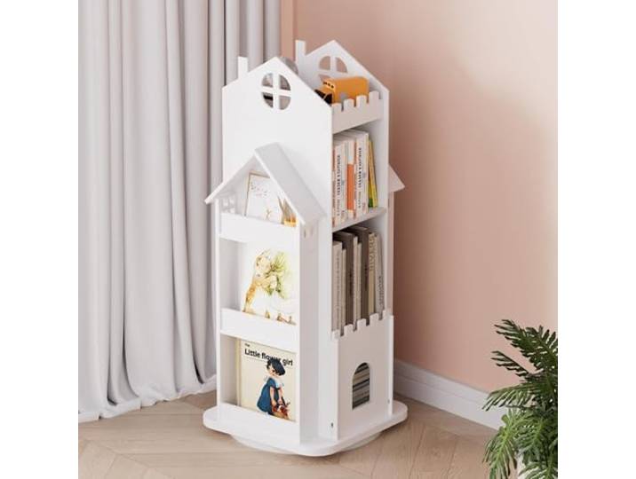 Nisorpa Roating Kids Bücherregal Weiß, Kinder Bücherregal Freistehend Haus Geformt Kinder Bücherregal Freistehend, Schloss Kinder Bücherregal Spinning Buch Regal Kinderzimmer