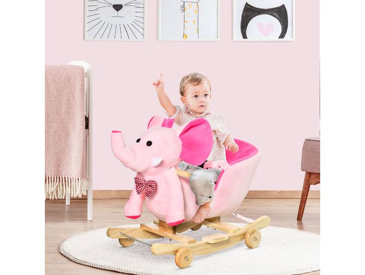 HOMCOM Cheval à Bascule Jouet à Bascule éléphant et Porteur sur roulettes 2 en 1 Fonction Musicale 32 Pistes Ceinture sécurité Rose