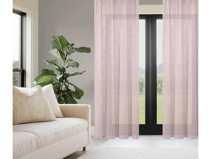 HOMEbasics 800530 Softy Rideau prêt à Poser à œillets Semi-Transparent Structure en Lin Rose 225 x 140 cm Quantité : 1 x