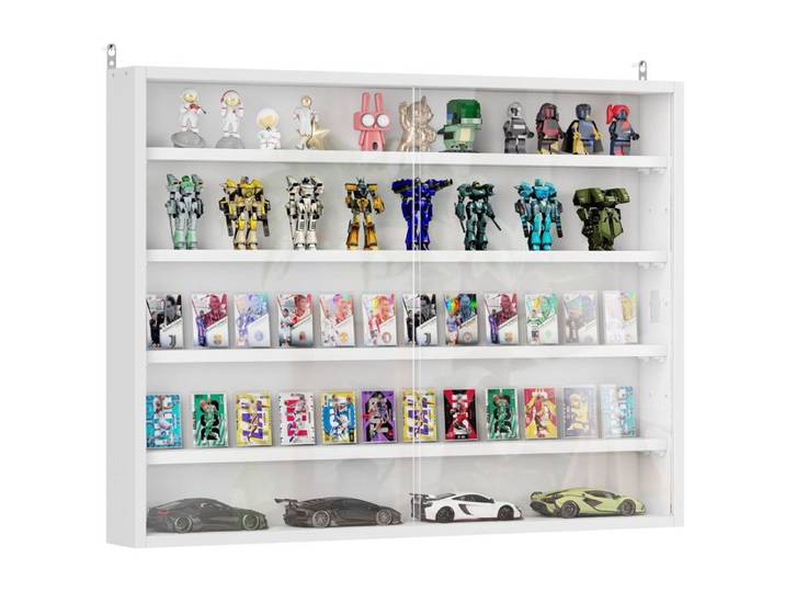 Vitrine murale argentier pour objets de collection - Blanc - 2 portes vitrées coulissantes - 5 niveaux étagères réglables