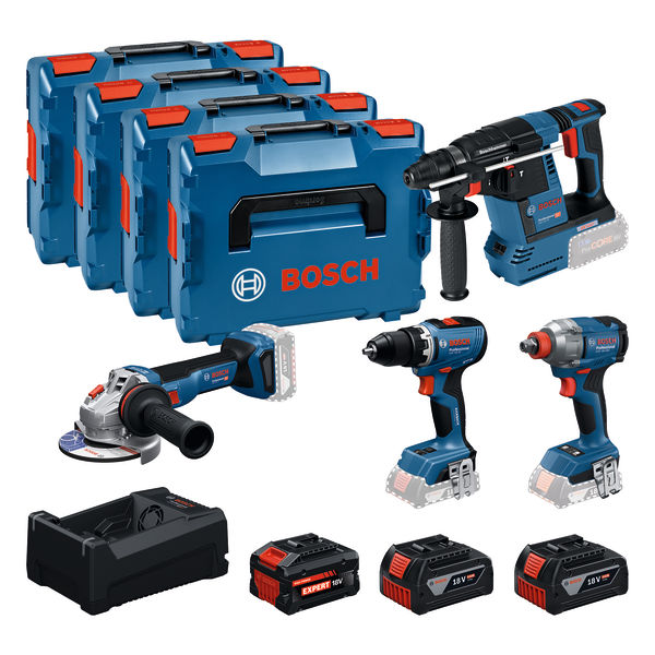Bosch Professional Combo Kit 18V Werkzeug-Set: GSR 18V-65 + GDX 18V-285 + GBH 18V-26 + GWS 18V-11 0 615 A50 0BJ