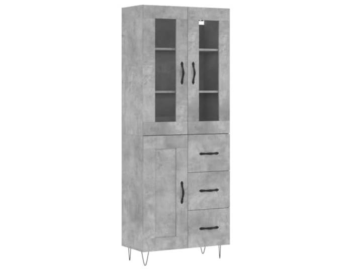 Roanoer Highboard Schrank Betongrau 69,5x34x180 cm Holzwerkstoff Metall Mehrzweck Beistellschrank für Wohnzimmer und Flur mit gläsernen Türen und stabilen Metallfüßen für geordneten Stauraum.