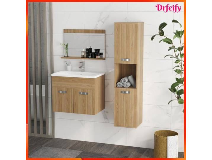 Ensemble de meubles de salle de bain - AKOZON - 8654 - Naturel - Suspendu - Lavabo céramique