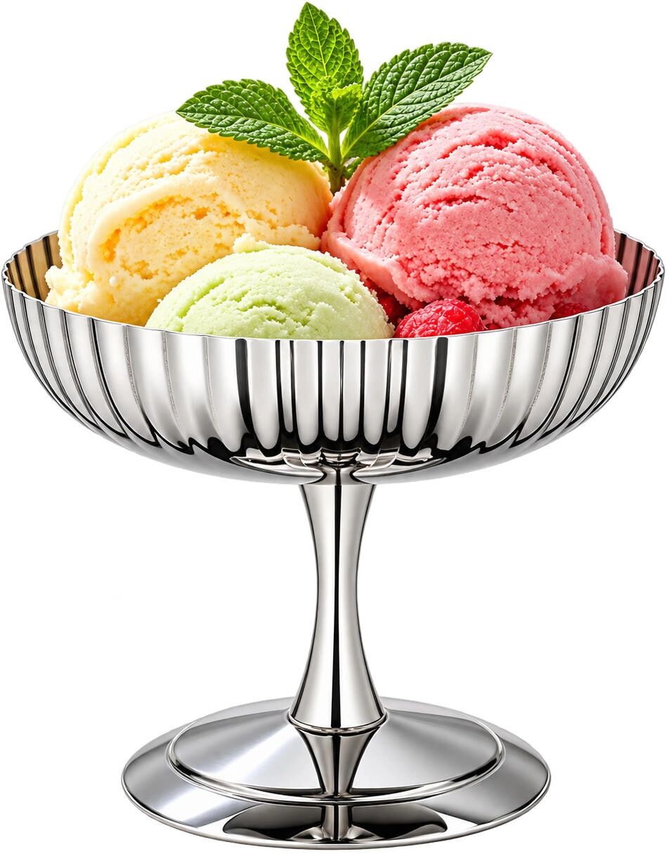 INF Silberner gerippter Eiscremebecher aus 304 Edelstahl mit Fuß für Desserts und Hochzeitstische