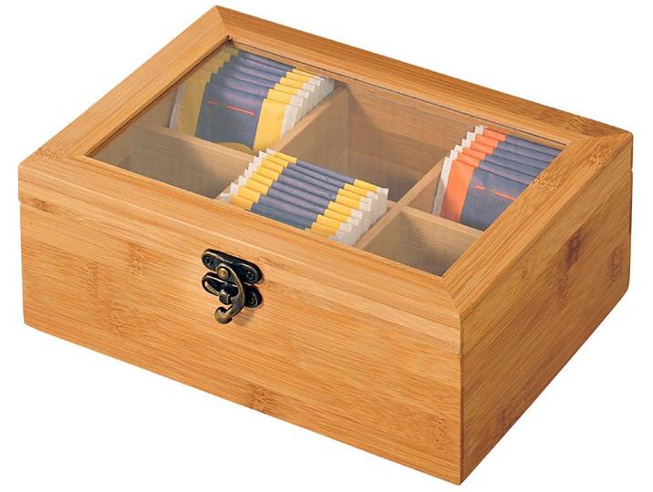 Teebox KESPER mit 6 Fächern , beige (natur), B:15cm H:8,5cm L:21,5cm, Bambus, Lebensmittelaufbewahrungsbehälter, Teebox, mit Sichtfenster
