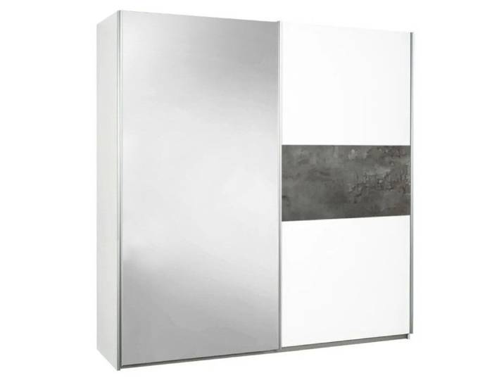 Armoire 2P coulissantes blanc décor gris oxyde et 1P miroir - MARIANOR